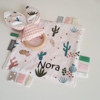 Set knuffeldoekje/bijtring cactus roze