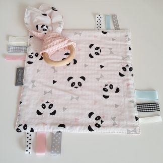 Set knuffeldoekje/bijtring panda roze